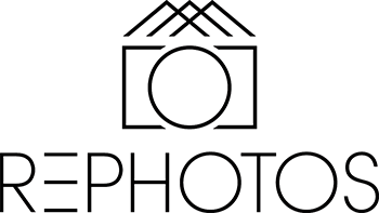 A professional real estate photography and marketing logo for RE Photos, with a modern design featuring a camera and house graphic in black and white and the text 'REPHOTOS' underneath